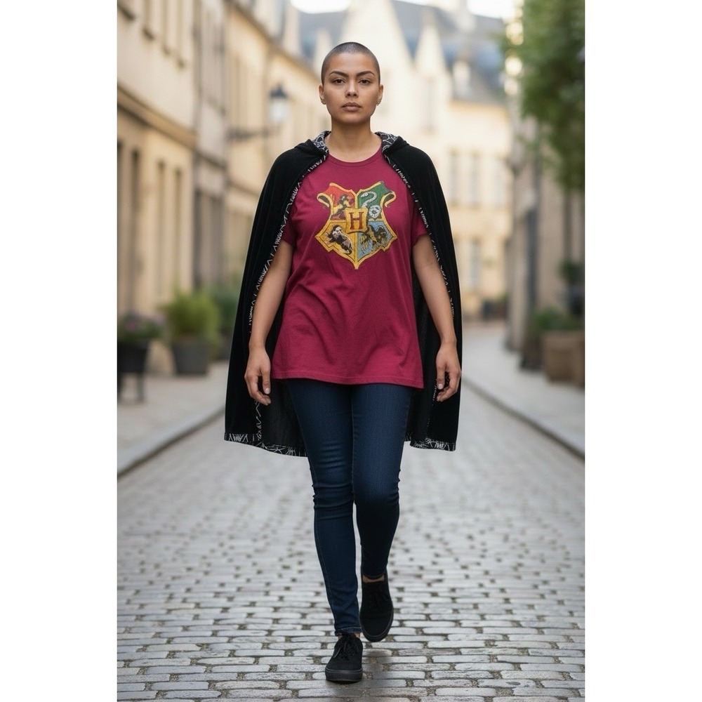 Harry Potter‎ Hogwarts Crest Hooded Cape Tee 2XL Burgundy Costume Shirt